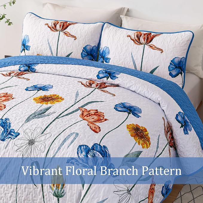 WONGS BEDDING Blue Quilt Set King Size, Cute Floral Botanical Bedspread Bedding - Image 8