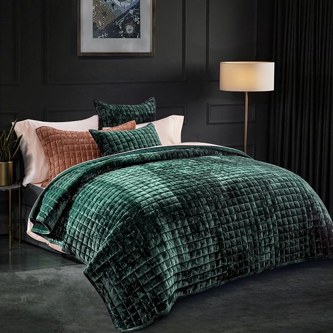 RECYCO Channel Box Stitch Velvet Quilt Set, King Size, Emerald Green | Ultra - Image 3