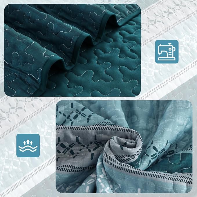 Cottolester Teal Quilt Set Queen Size, Soft Striped Texture Quilt Set 3 Pcs | - Image 4
