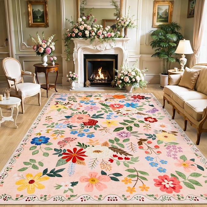 PLHXFR Area Rug 10x14 Living Room: Floral Washable Boho Soft Carpet Beige | by PLHXFRSoftAreaRugs