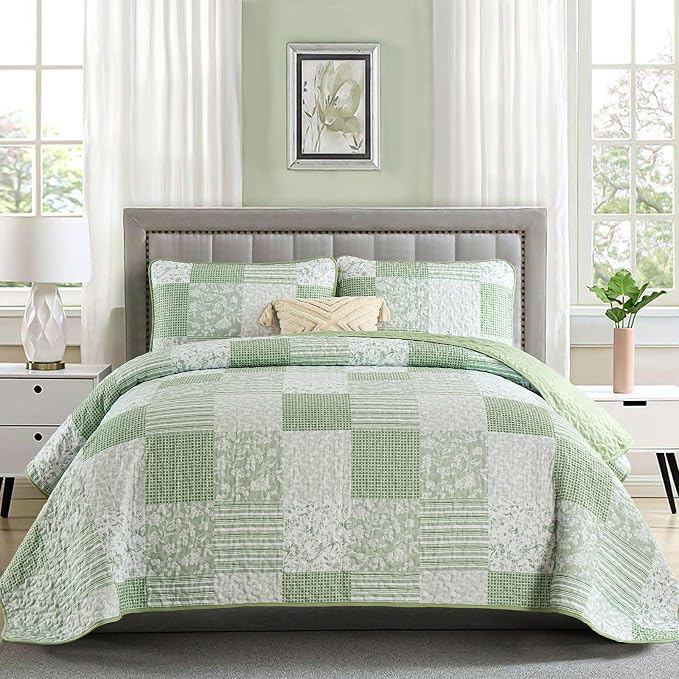 Mybedsoul Light Green Quilt Set Twin Size Dorm Bedding, 2 Pieces Plaid Floral by Mybedsoul