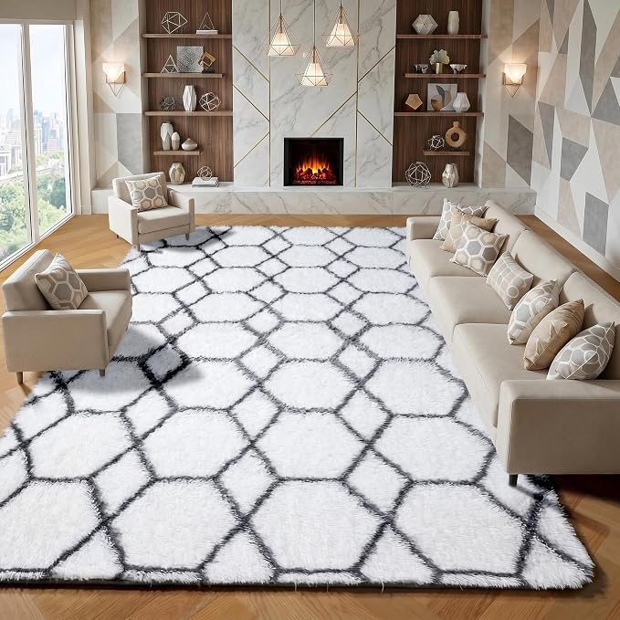 Area Rugs for Living Room, 7x10 Fluffy White and Grey Rug for Bedroom, by ONASAR