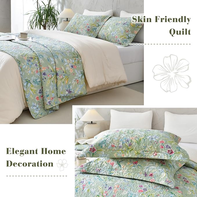 QSH 100% Cotton Quilt Queen Size Bedding Set 3Pcs Green Floral Quilt Set Summer - Image 7