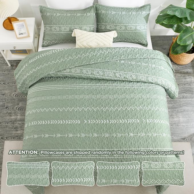 Sage Green King Size Quilt Set, 3 Pieces Boho Striped Bedspread | Soft - Image 7