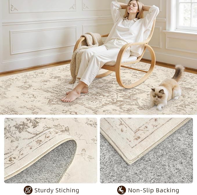 8x10 Area Rugs Living Room: Bedroom Washable Carpet Beige/Ivory | Vintage Boho - Image 4