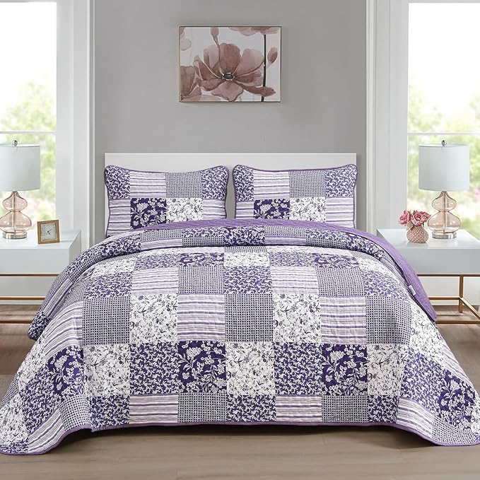Mybedsoul Purple Quilt Set Twin Size Dorm Bedding, Patchwork Bedding Set | Soft by Mybedsoul