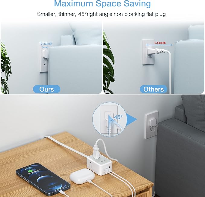 TESSAN Small Flat Plug Power Strip, Ultra Thin Extension Cord 10 ft, Wall - Image 2