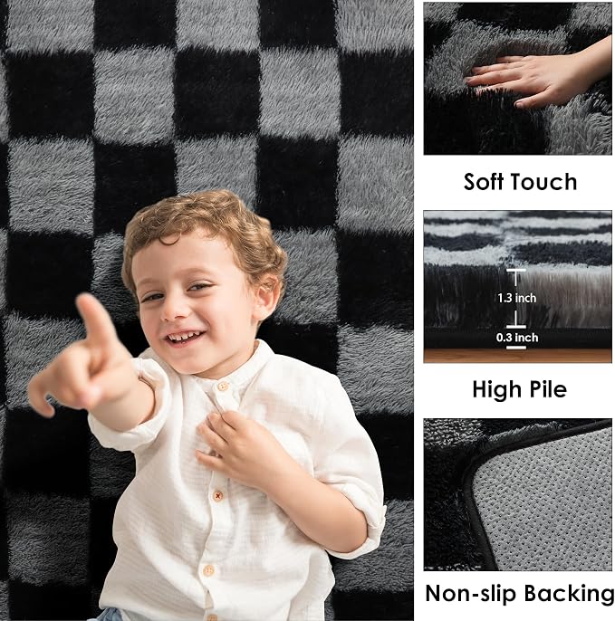 KICMOR Rugs for Living Room 5x7 Black and Grey, Soft Fluffy Checkered Shag Area - Image 2