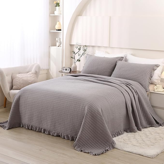 ROOMLIFE Quilt Set King Size 3D Floral Embroidery Pattern 3-Piece Cotton - Image 3