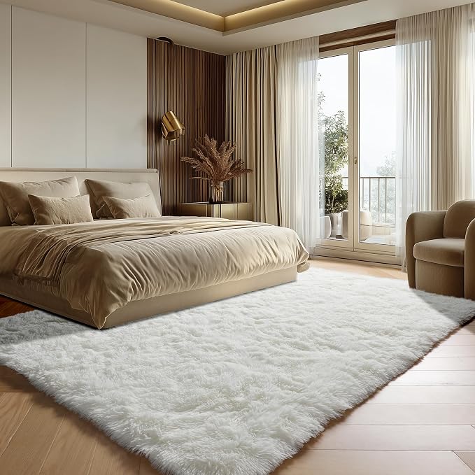 Cream White 8x10 Area Rugs for Living Room, Large Fluffy Shag Bedroom Rug - Image 4
