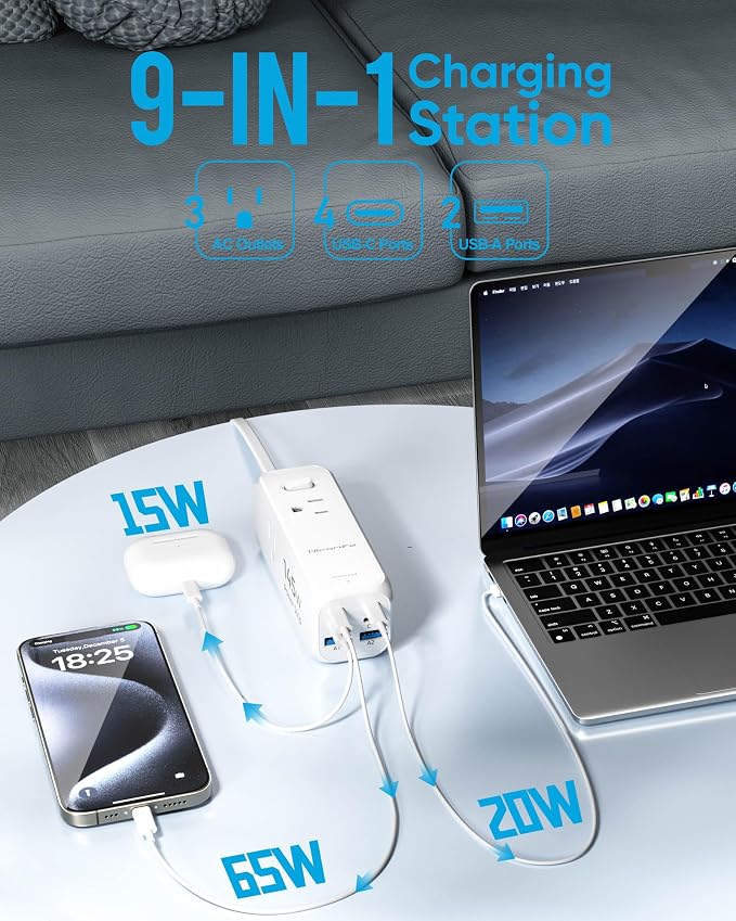 Olcorife USB Power Strip with 3 AC Outlets 6 USB Ports, 5 FT | 145W USB Power - Image 2