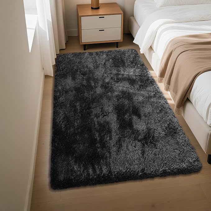 Black 3x5 Area Rugs for Bedroom, Fluffy Shag Rug Small Rug Bedroom Carpet | by Yongyangjuxi