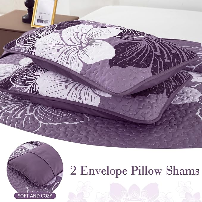 DJY Quilt King Size, Dark Purple Floral Boho Bedspread Coverlet Set 3 Pcs | - Image 7