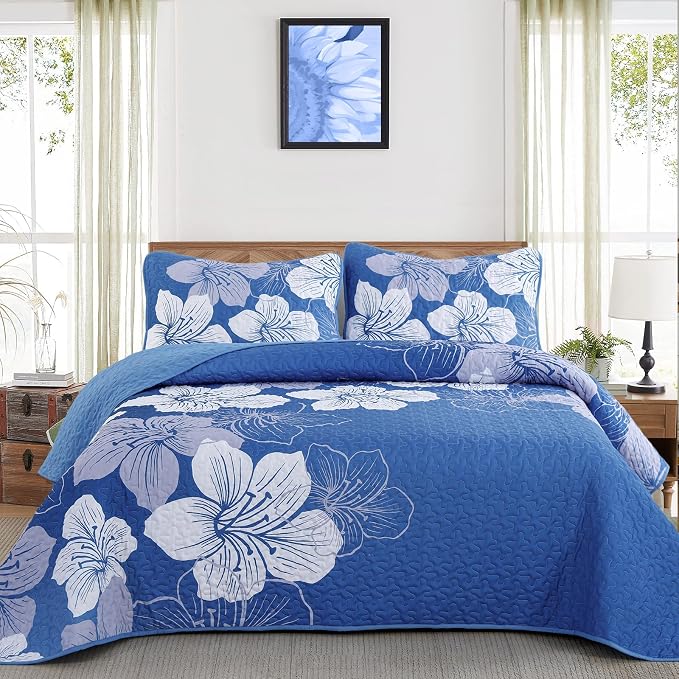 DJY Blue Quilt Set Queen 3 Pieces Botanical Floral Quilt Summer Bedding Set by HOME