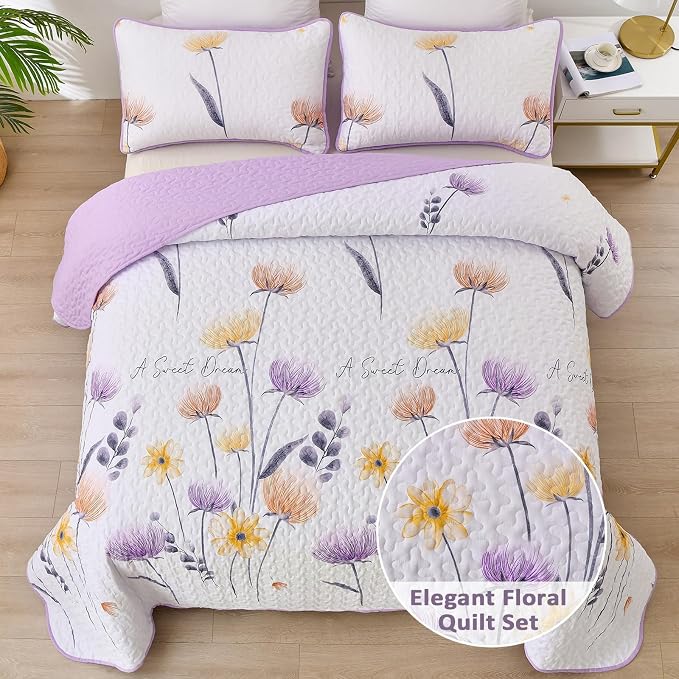 Dinjoy Floral Quilt Set Queen, 3 Pieces Purple Flower Bedspread Coverlet | Soft - Image 8