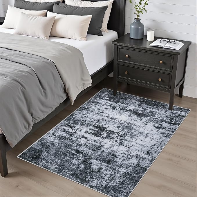 Area Rug Living Room: 3x5 Modern Washable Indoor Carpet Black | - Image 2