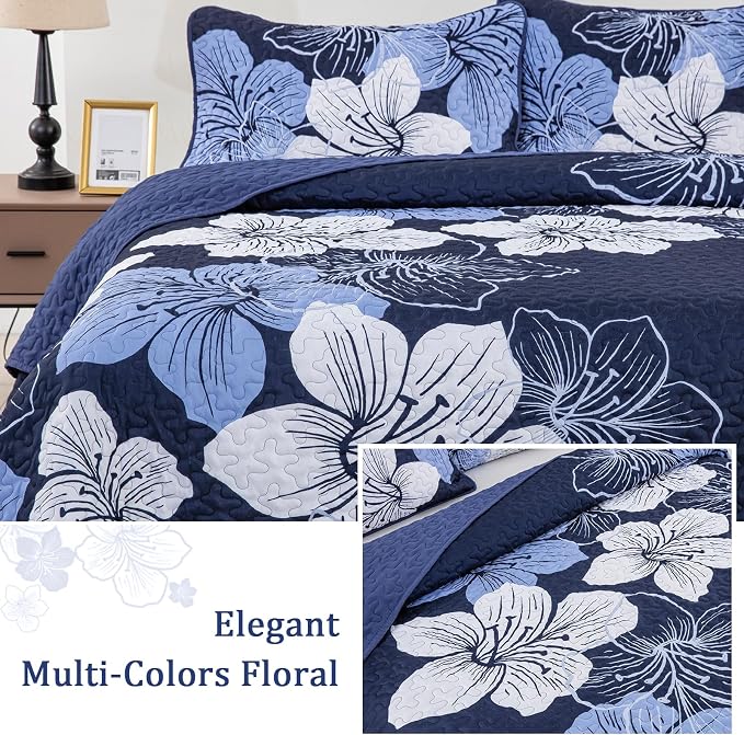 DJY 3 Pieces Quilt Set King Navy Blue Floral Pattern Quilt Coverlet Set - Image 3