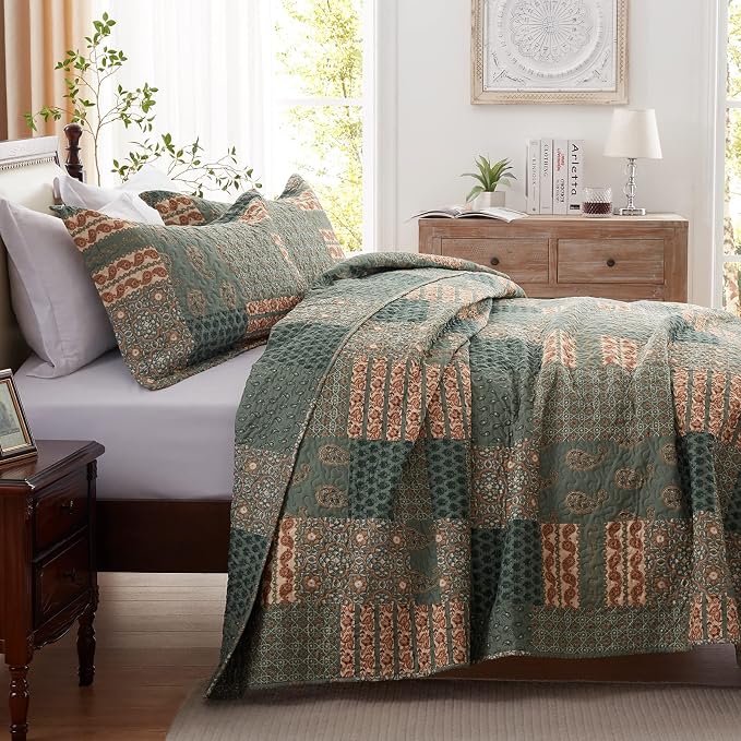 Quilt Set - Full/Queen Size Floral Paisley Olive Green Bedding Set - Image 3