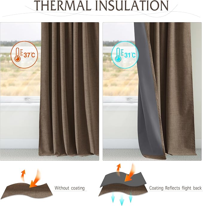 RYB HOME Brown 100% Blackout Linen Curtains 72 Inch Long - Image 4