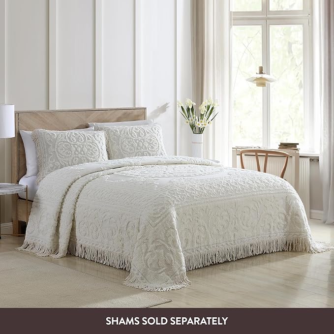 Beatrice Home Fashions Medallion King Cotton Chenille Bedspread, Ivory | - Image 3