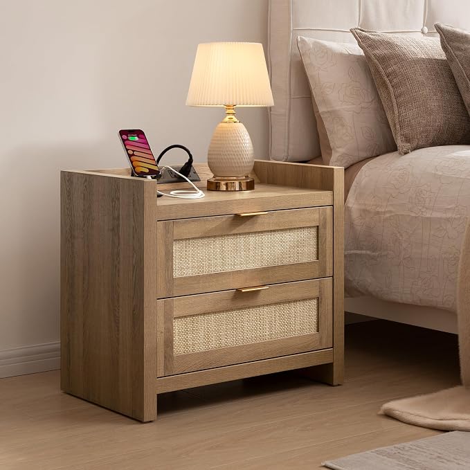 SICOTAS Night Stand with 2 Large Drawers : Rattan Bedside Table | Farmhouse - Image 6