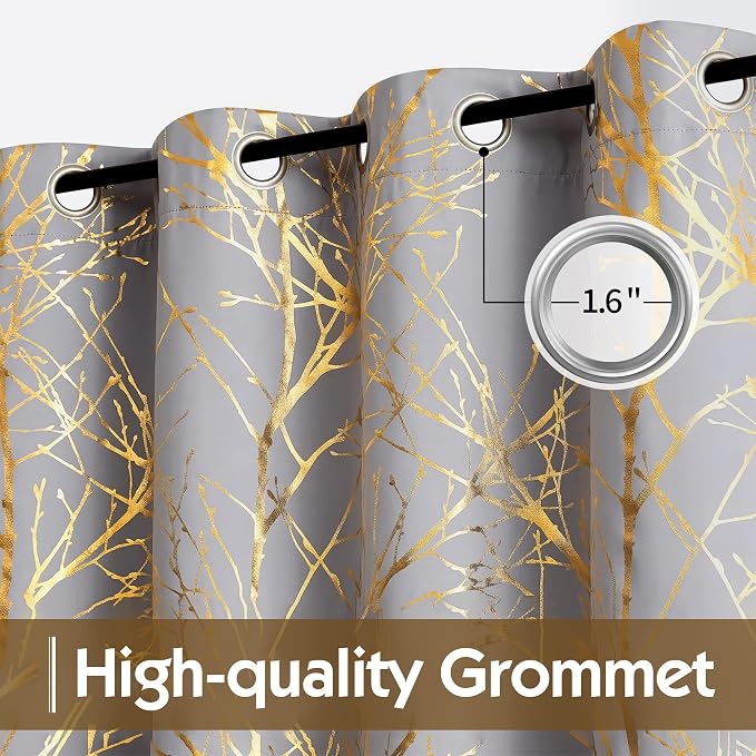 FMFUNCTEX 100% Blackout Grey Gold Foil Tree Curtains 54 Inch Long 2 Panels | - Image 3