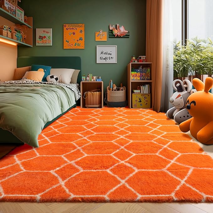Rugs for Living Room Bedroom, 5x8 Fluffy Orange and White Area Rug, Geometric - Image 7