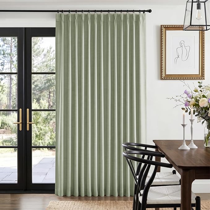 Pinch Pleated Full Blackout Faux Linen Curtains 108 Inches Long | Sage Green by 100BlackoutShield