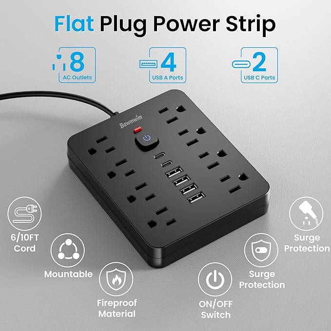 Surge Protector Power Strip, 8 Outlets, 6 USB Charging Ports, 10FT Flat Plug - Image 3