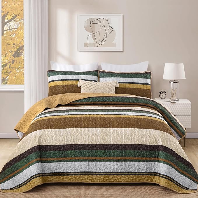 Dobuyly Queen Stripe Quilt Bedding Set, Boho Brown Lightweight Bedspread | - Image 2
