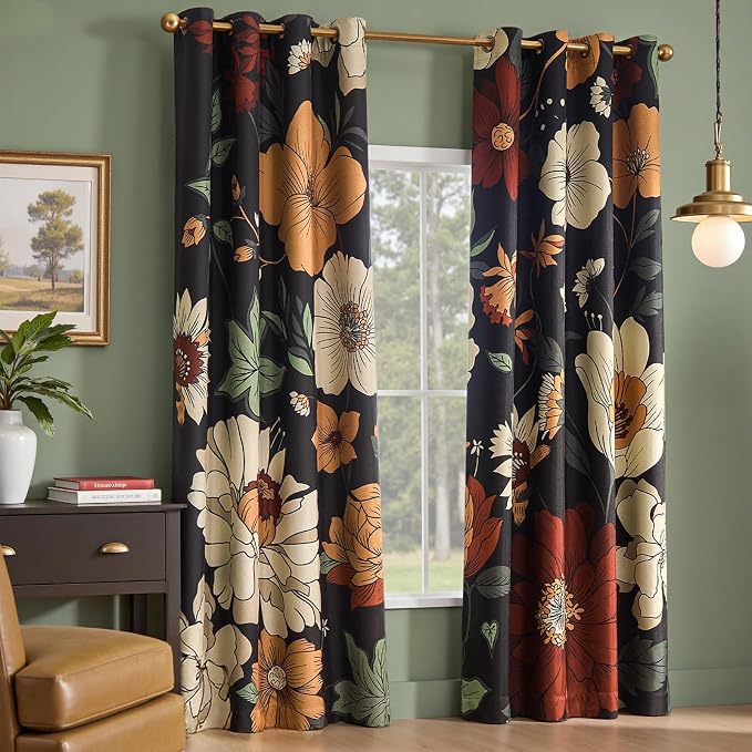jinchan Black Boho Floral Blackout Curtains 96 Inch Grommet 2 Panels | Room - Image 3