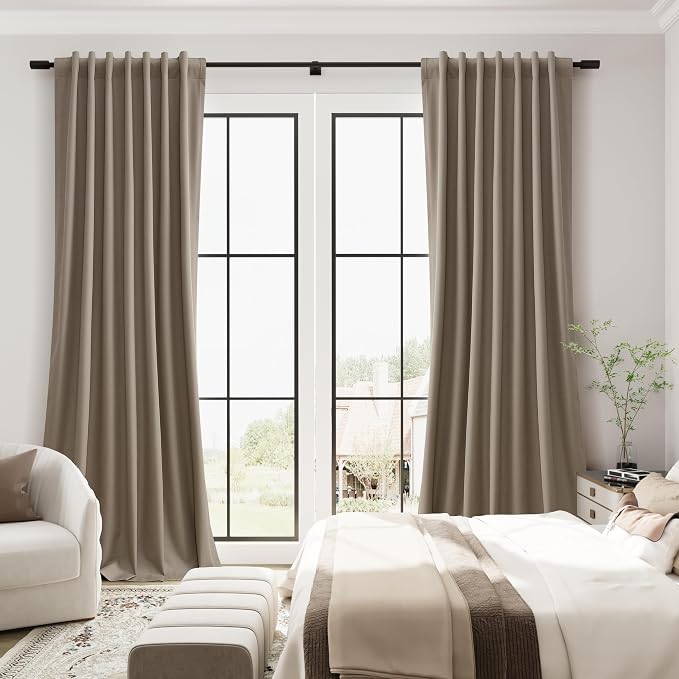 Light Camel Linen 100% Blackout Curtains 96 Inch Long 2 Panels Set Back Tab - Image 5