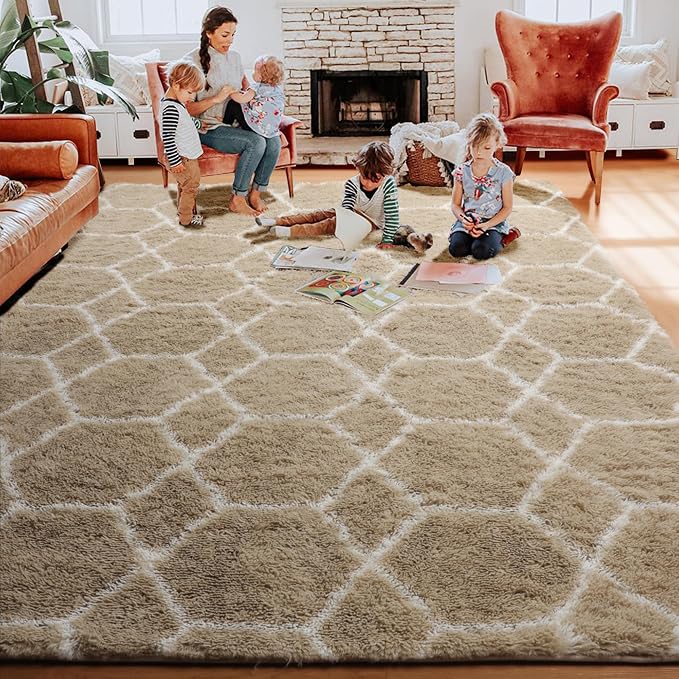Large Area Rugs for Living Room, Fluffy 7x10 Beige and White Thick Floor Rug - Image 8