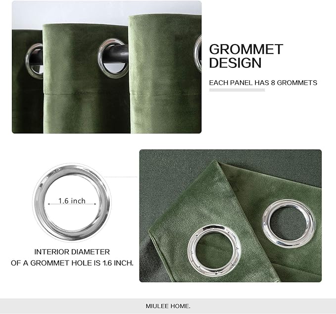 MIULEE Velvet Curtains Olive Green 52 x 105 Inch Length Set of 2 | Grommet - Image 2