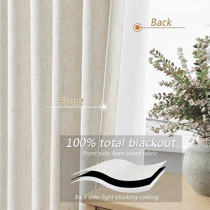 100% Blackout Linen Curtains for Bedroom 95 Inches Long Natural Cream Black Out - Image 4