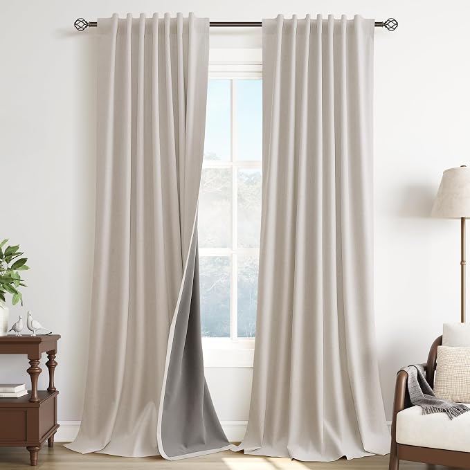 Cream 100% Blackout Linen Curtains 108 Inches Long Back Tab Hook Belt Farmhouse by Guken