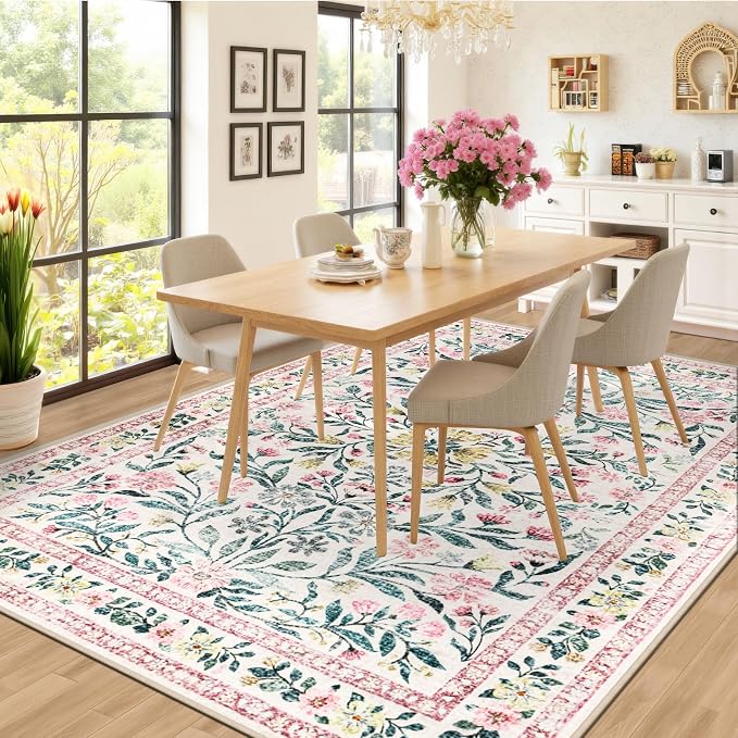 PLHXFR 6x9 Area Rug Living Room: Floral Washable Boho Carpet Pink Green | - Image 6