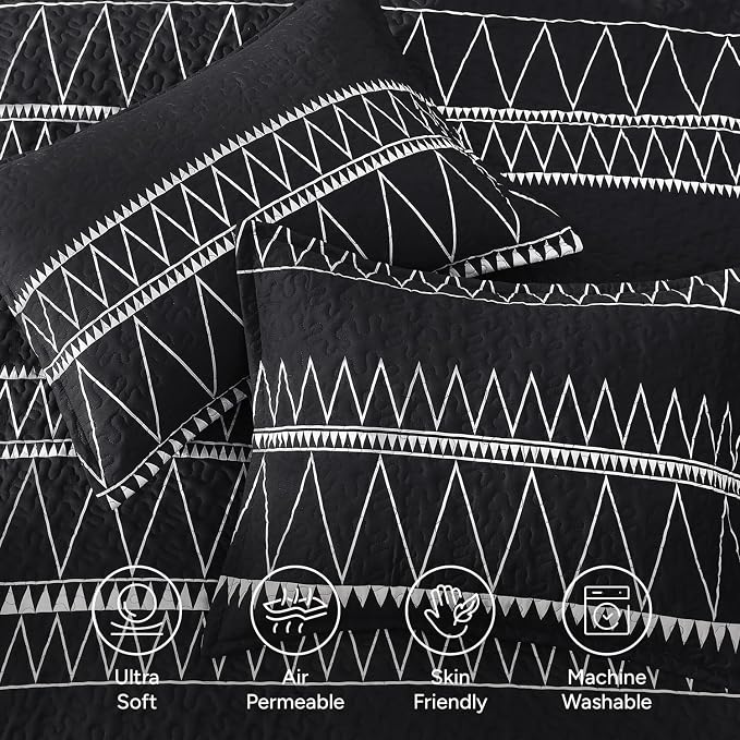 Black Oversized King Quilt Set, 3 Pieces Boho Striped Bedspread | Soft - Image 5