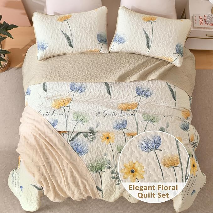 Dinjoy Beige Quilt Set Queen, 3 Piece Colorful Floral Printed Bedspread Set | - Image 2