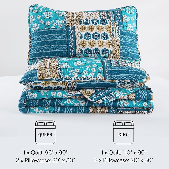 Mybedsoul Dusty Blue Quilt Set King Size, 3 Pieces Plaid Floral Bedspread Set - Image 7