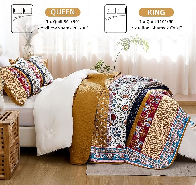 Yiran Boho Quilt Set Queen Size, Fall Tango Orange Patchwork Bedspreads | - Image 5
