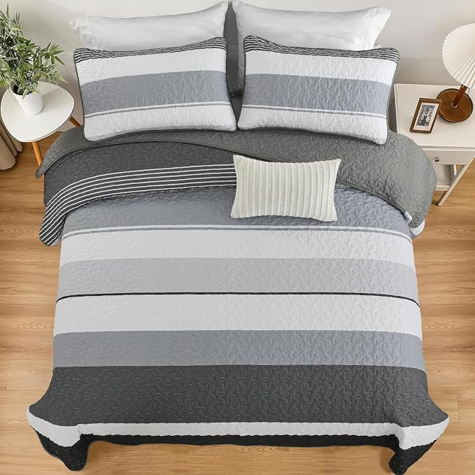 Dinjoy King Boho Striped Quilt Set, Balck White Lightweight Bedspread | Soft - Image 5