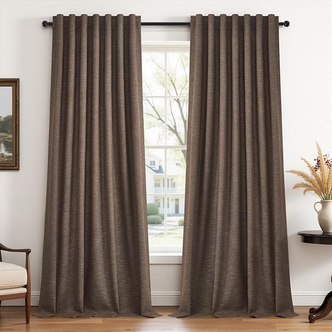 102 Inch Length Linen Blackout Bedroom Curtains Dark Brown Back Tab Pleat - Image 3