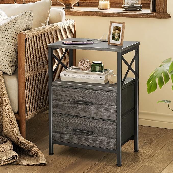 Huuger Night Stand with Charger Station, USB-C Port, End Table | 2 Drawer - Image 6
