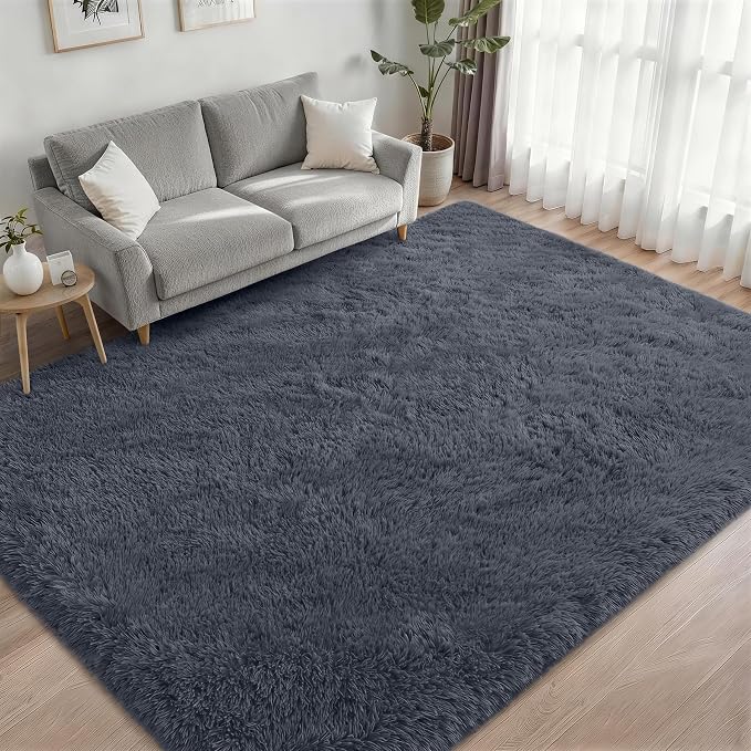 Area Rug Living Room Bedroom: 4x6 Fluffy Plush Shag Carpet Grey | - Image 2