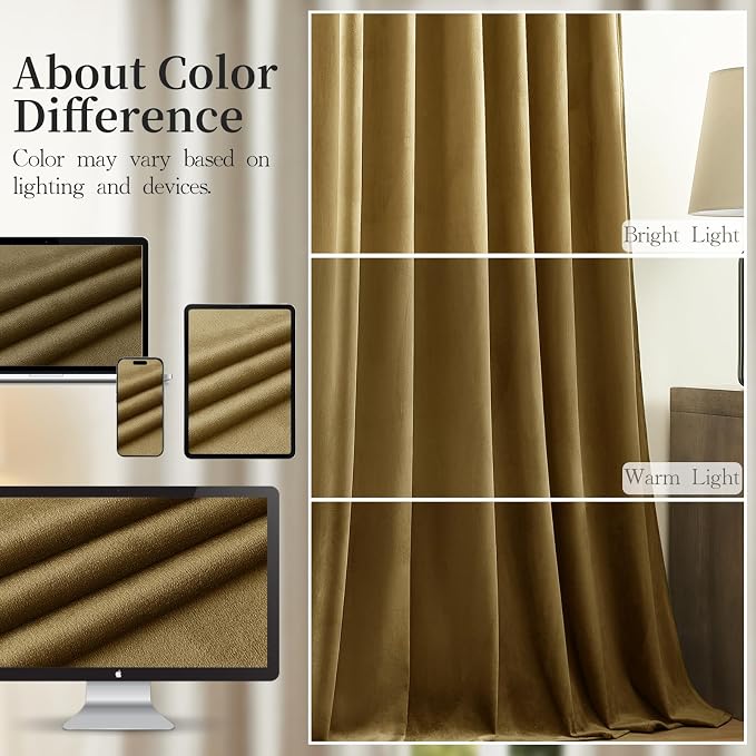 Gold Velvet Blackout Curtains 102 Inches, Floor to Ceiling Drapes Back Tab | - Image 8