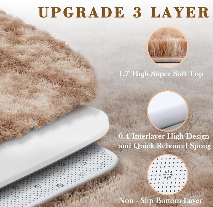 4x6 Area Rugs for Bedroom, Dark Beige Tie-Dyed Fluffy Shag Bedside Rugs | - Image 4