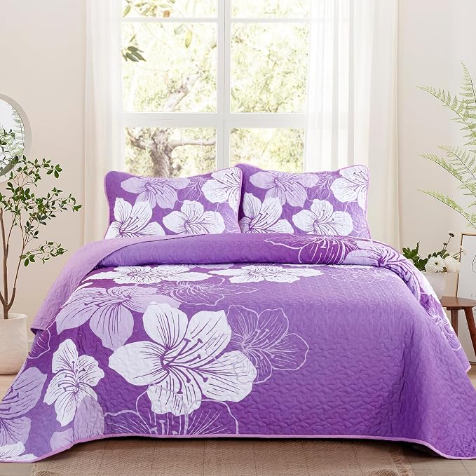 DJY Purple Floral Pattern King Quilt Set 3 Pieces Botanical Bedspread Summer by HOME
