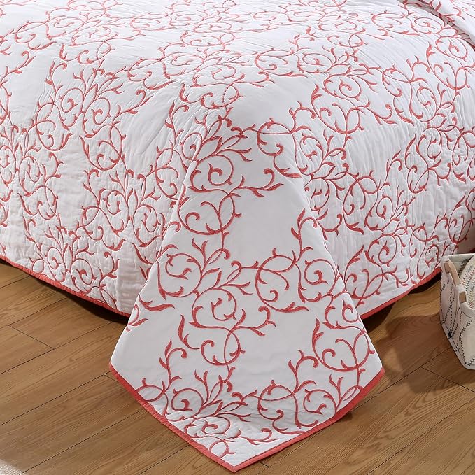 ROOMLIFE Quilt Set King Size 3D Floral Embroidery Pattern 3-Piece Cotton - Image 3