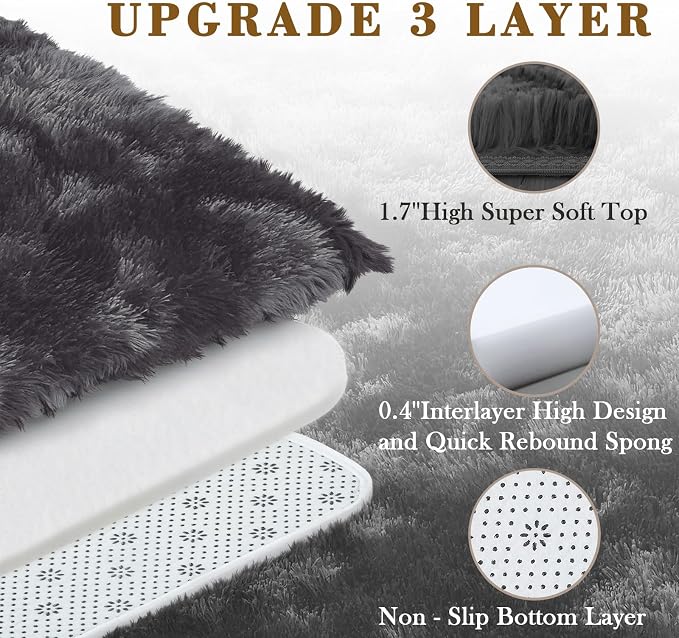 Small Shag Area Rug for Bedroom, 2x3 Dark Grey Tie-Dyed Soft Plush Carpet | - Image 4